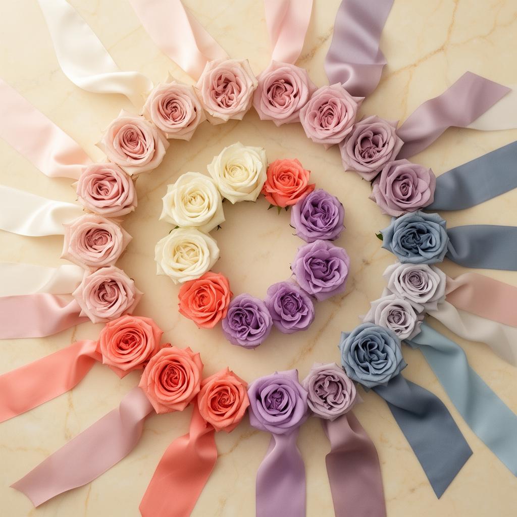 Elegant color theme swatches with flowers and fabric samples